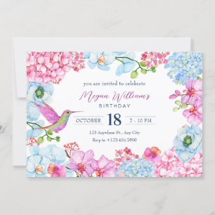 Pastel pink blue floral branch with bird birthday invitation