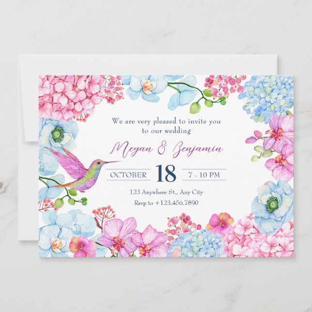 Pastel pink blue floral branch with bird wedding  invitation (Front)