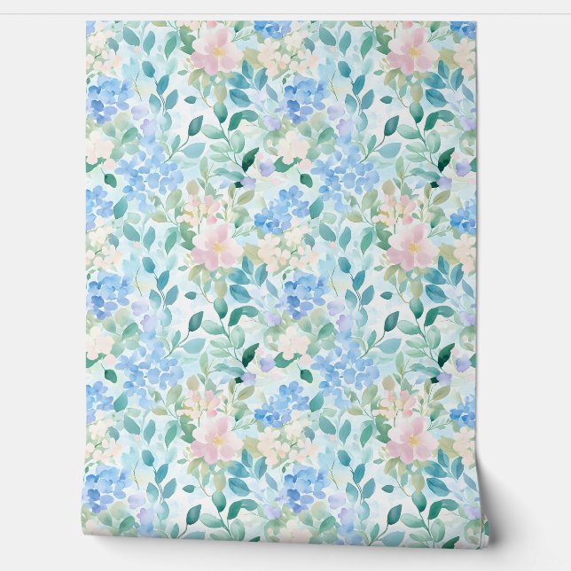 Pastel Pink Blue Floral Pattern  Wallpaper (Unrolling)