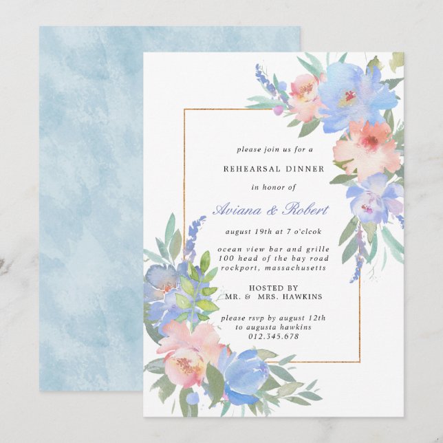 Pastel Pink Blue Floral Rehearsal Dinner Invitation (Front/Back)