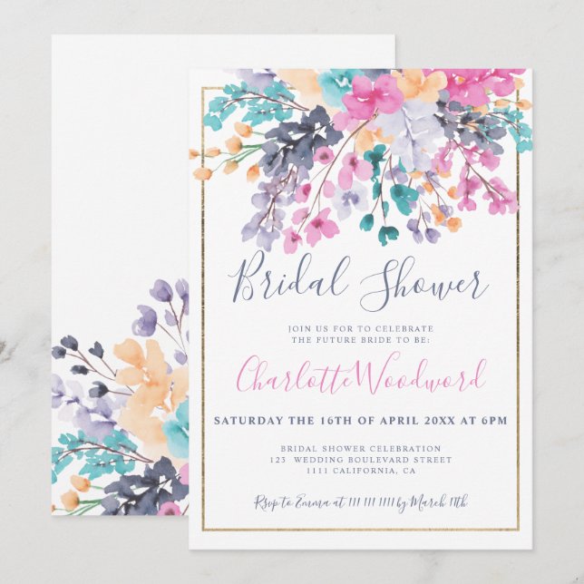 Pastel pink blue floral watercolor bridal shower invitation (Front/Back)