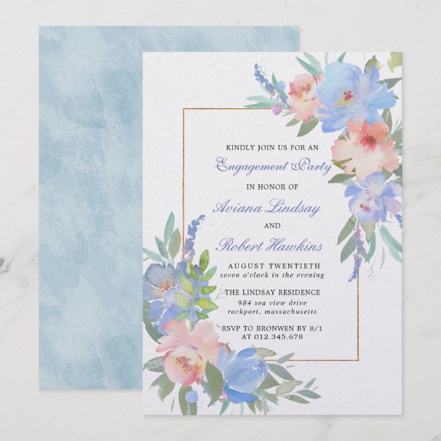 Pastel Pink Blue Floral Wedding Engagement Invitation (Front/Back)