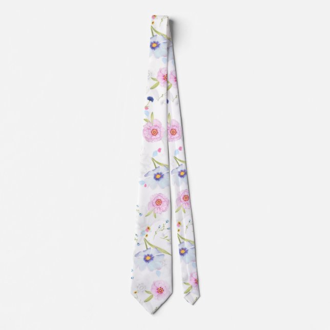 Pastel Pink & Blue Flowers Neck Tie (Front)