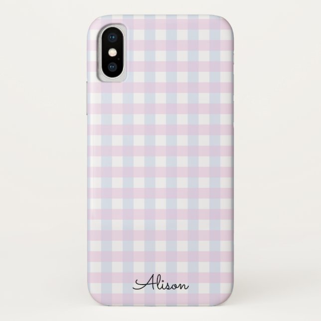 Pastel Pink Blue Gingham Personalised Phone Case (Back)