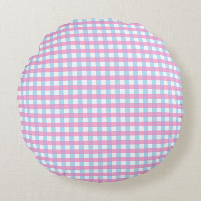 Pastel Pink Blue Gingham Plaid Round Cushion (Front)