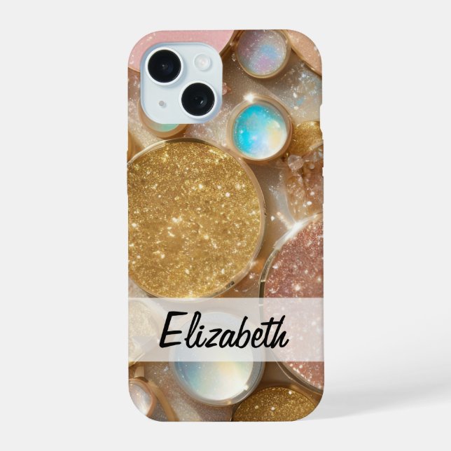 Pastel Pink, Blue, Gold & Silver Glitter iPhone 15 Case (Back)