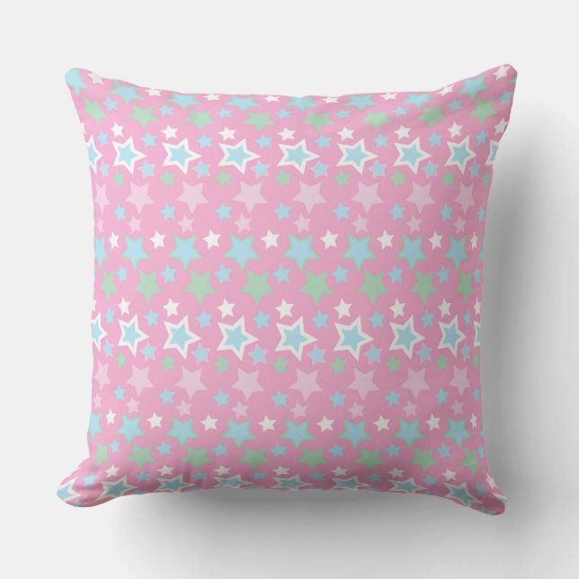 PASTEL PINK BLUE GREEN WHITE STARS & STRIPES CUSHION (Front)