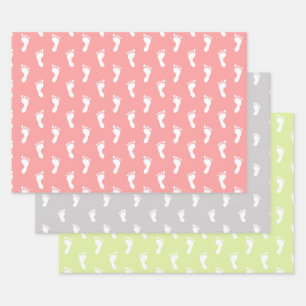 PASTEL PINK BLUE LIME GREEN ROWS OF BABY FEET WRAPPING PAPER SHEET
