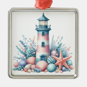 PASTEL PINK & BLUE NAUTICAL CHRISTMAS LIGHTHOUSE METAL TREE DECORATION