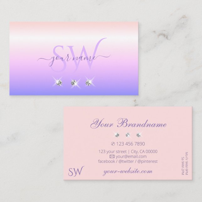Pastel Pink Blue Ombre Sparkling Diamonds Initials Business Card (Front/Back)