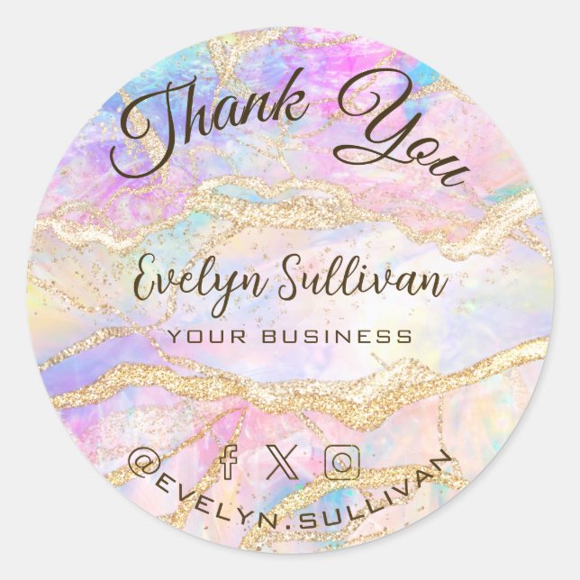 Pastel Pink Blue Opal Thank you Classic Round Sticker (Front)
