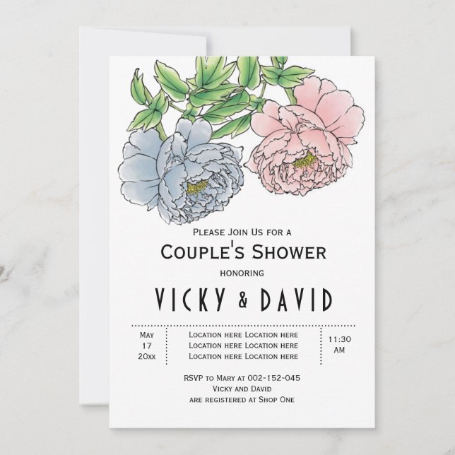 Pastel pink & blue peonies wedding couples shower invitation (Front)