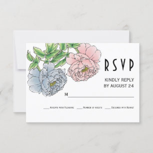 Pastel pink, blue peony flowers wedding RSVP Card