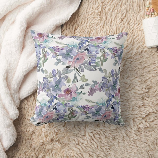 Pastel Pink Blue Purple Flowers White Cushion (Blanket)
