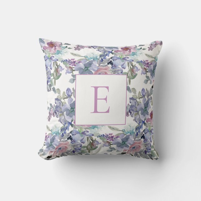 Pastel Pink Blue Purple Flowers White Monogram Cushion (Front)