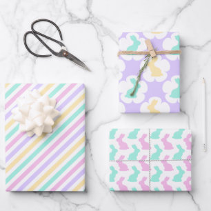 PASTEL PINK BLUE PURPLE GREEN EASTER BUNNIES WRAPPING PAPER SHEET