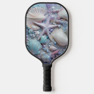 PASTEL PINK & BLUE TROPICAL SEASHELLS PICKLEBALL PADDLE