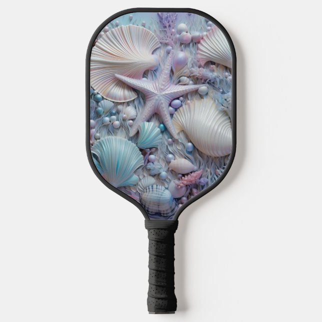 PASTEL PINK & BLUE TROPICAL SEASHELLS PICKLEBALL PADDLE (Front)