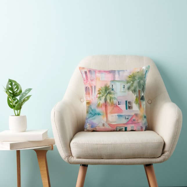 Pastel Pink Blue Watercolor Houses Palm Trees Cushion (Chair)