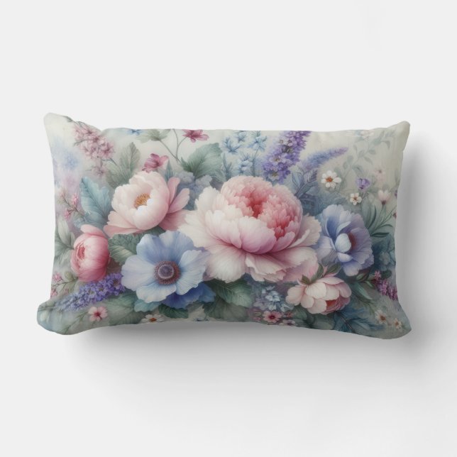 PASTEL PINK BLUE & WHITE FLORAL BLOOMS LUMBAR CUSHION (Front)