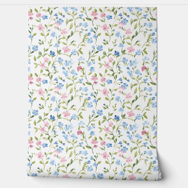 Pastel Pink Blue Wildflower Pattern Wallpaper (Unrolling)