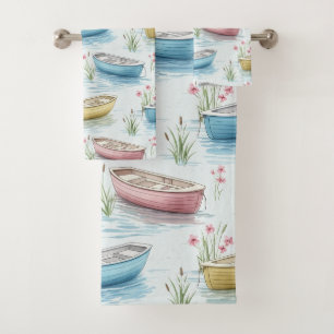 PASTEL PINK BLUE YELLOW ROWBOATS ON THE WATER BATH TOWEL SET