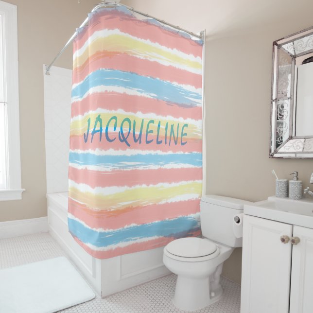 Pastel Pink Blue Yellow Stripes BLUE NAME   Shower Curtain (In Situ)