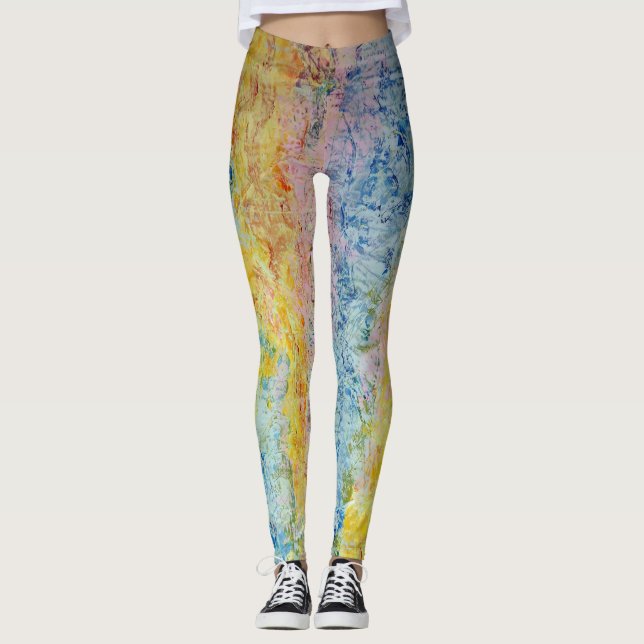 Pastel Pink Blue Yellow Textured Modern Abstract Leggings (Front)