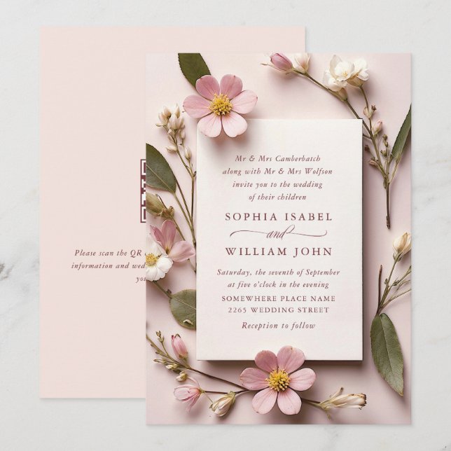 Pastel Pink Blush Boho Wildflowers Wedding QR code Invitation (Front/Back)