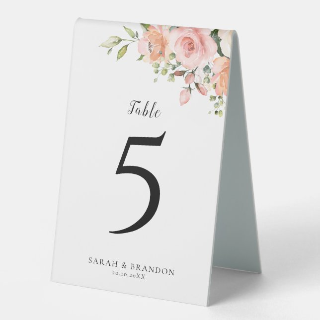 Pastel Pink Blush Floral Botanical Table Number (Front)