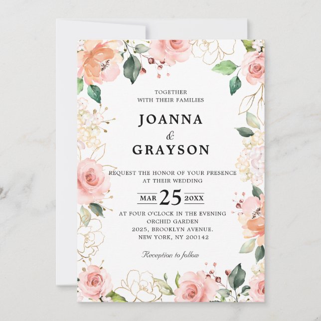 Pastel Pink Blush Rose Floral Botanical Wedding Invitation (Front)