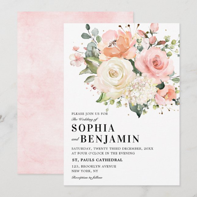 Pastel Pink Blush Rose Floral Botanical Wedding Invitation (Front/Back)