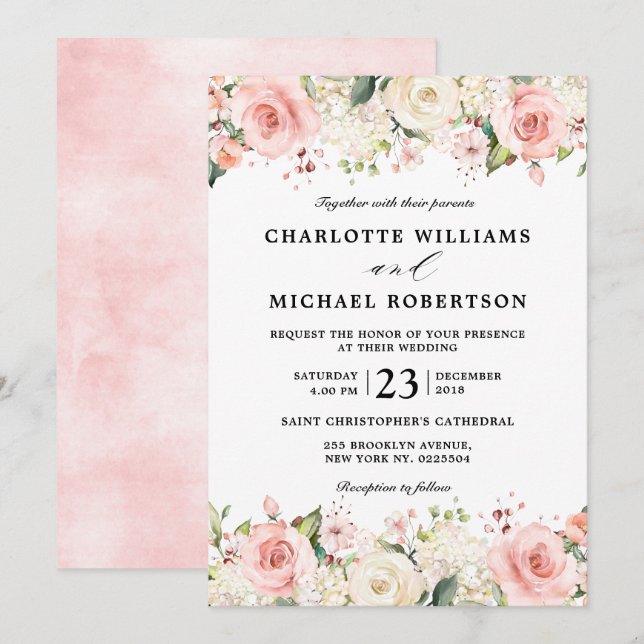 Pastel Pink Blush Rose Floral Botanical Wedding Invitation (Front/Back)