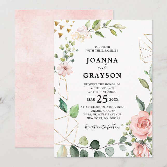 Pastel Pink Blush Rose Floral Botanical Wedding Invitation (Front/Back)