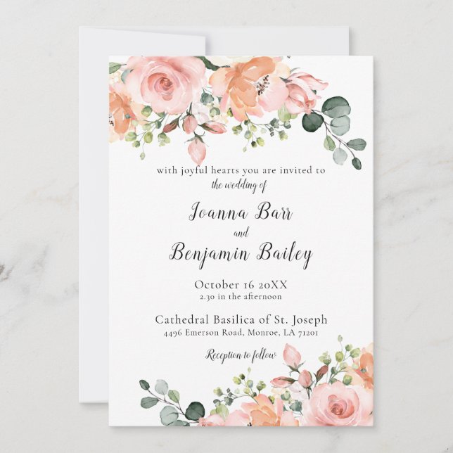 Pastel Pink Blush Rose Floral Botanical Wedding Invitation (Front)