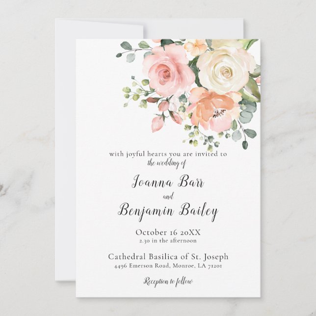 Pastel Pink Blush Rose Floral Botanical Wedding Invitation (Front)