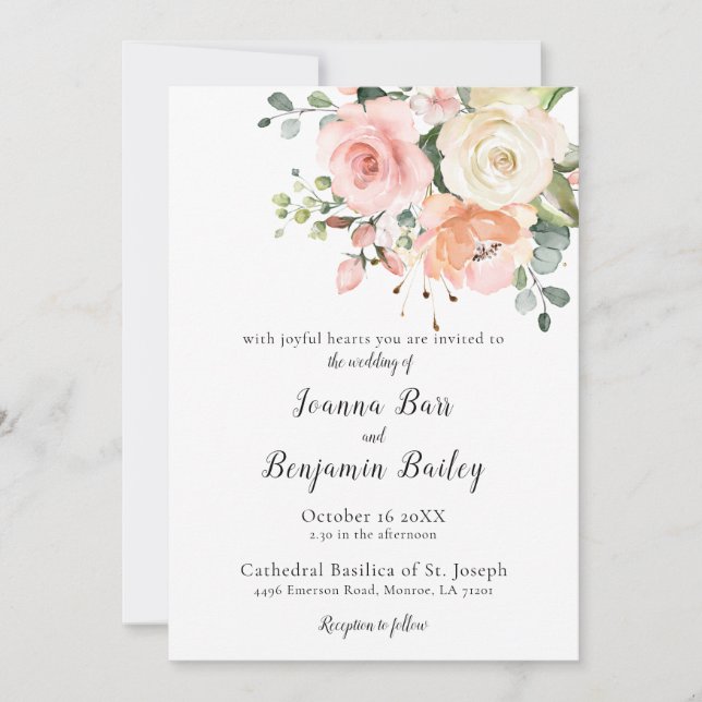 Pastel Pink Blush Rose Floral Botanical Wedding Invitation (Front)