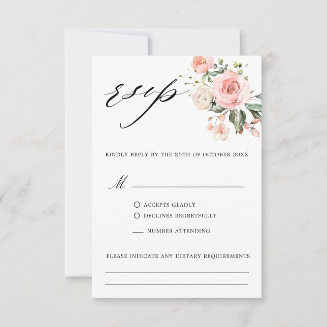 Pastel Pink Blush Rose Floral Botanical Wedding RSVP Card (Front)