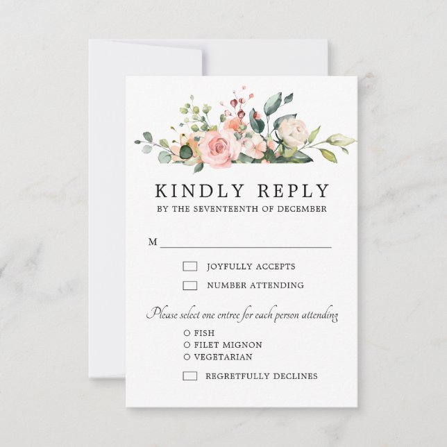 Pastel Pink Blush Rose Floral Botanical Wedding RSVP Card (Front)