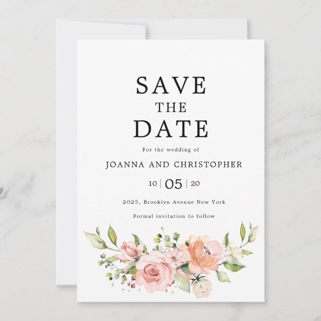 Pastel Pink Blush Rose Floral Botanical Wedding Save The Date (Front)