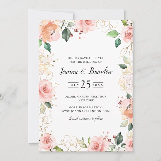 Pastel Pink Blush Rose Floral Botanical Wedding Save The Date (Front)