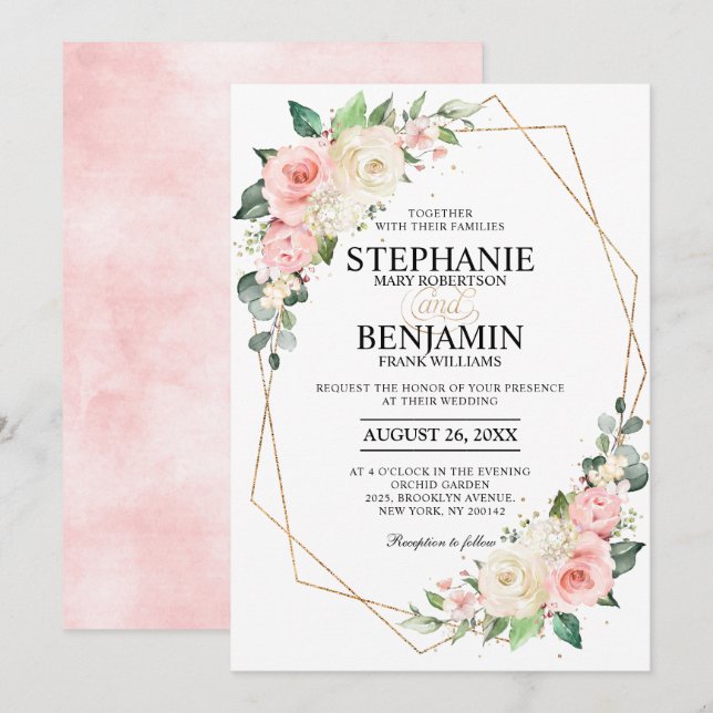 Pastel Pink Blush Rose Floral Geometric Wedding Invitation (Front/Back)