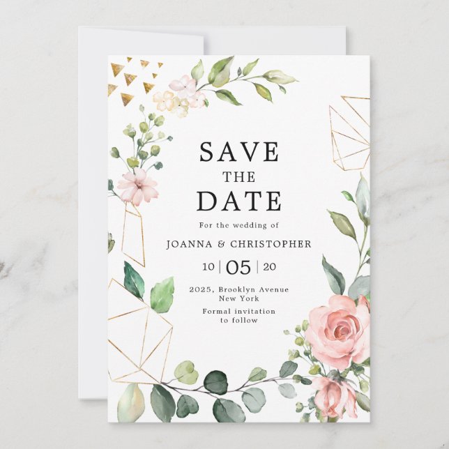 Pastel Pink Blush Rose Floral Geometric Wedding Save The Date (Front)