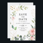 Pastel Pink Blush Rose Floral Geometric Wedding Save The Date<br><div class="desc">Elegant sunny watercolor floral blossom botanical wedding save the date card featuring a bouquet of soft pastel watercolor roses and hydrangea in shades of blush pink, pastel pink , peach and cream with lush green botanical leaves and eucalyptus leaves foliage. A modern design choice that is perfect for spring and...</div>