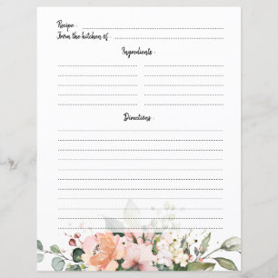 Pastel Pink Blush Rose Floral Recipe Card
