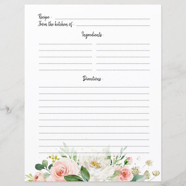 Pastel Pink Blush Rose Floral Recipe Card (Front)