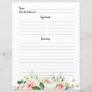 Pastel Pink Blush Rose Floral Recipe Card
