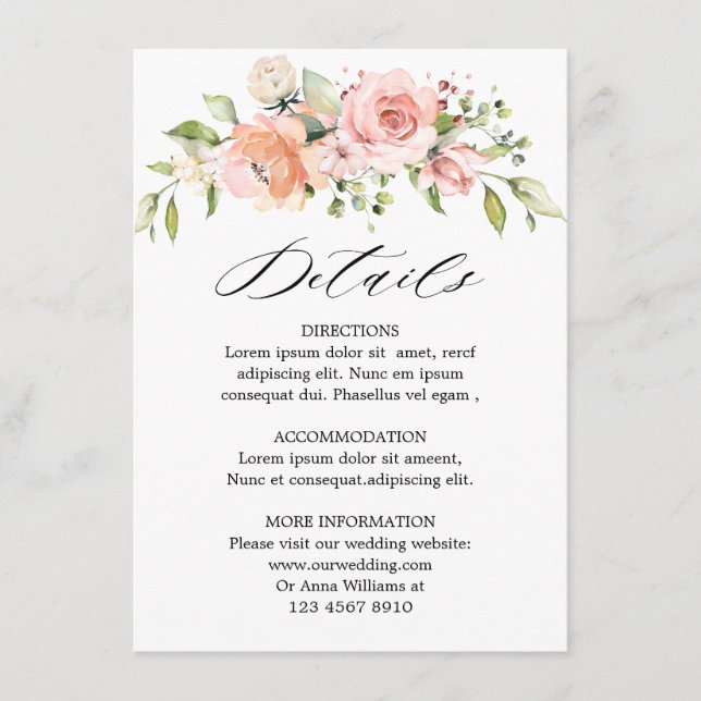 Pastel Pink Blush Rose Floral Wedding Details Enclosure Card (Front)