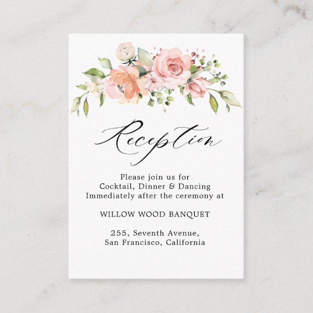 Pastel Pink Blush Rose Floral Wedding Reception Enclosure Card (Front)