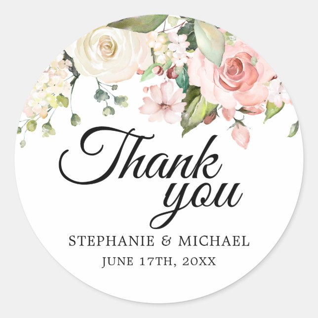 Pastel Pink Blush Rose Floral Wedding Thank You Classic Round Sticker (Front)